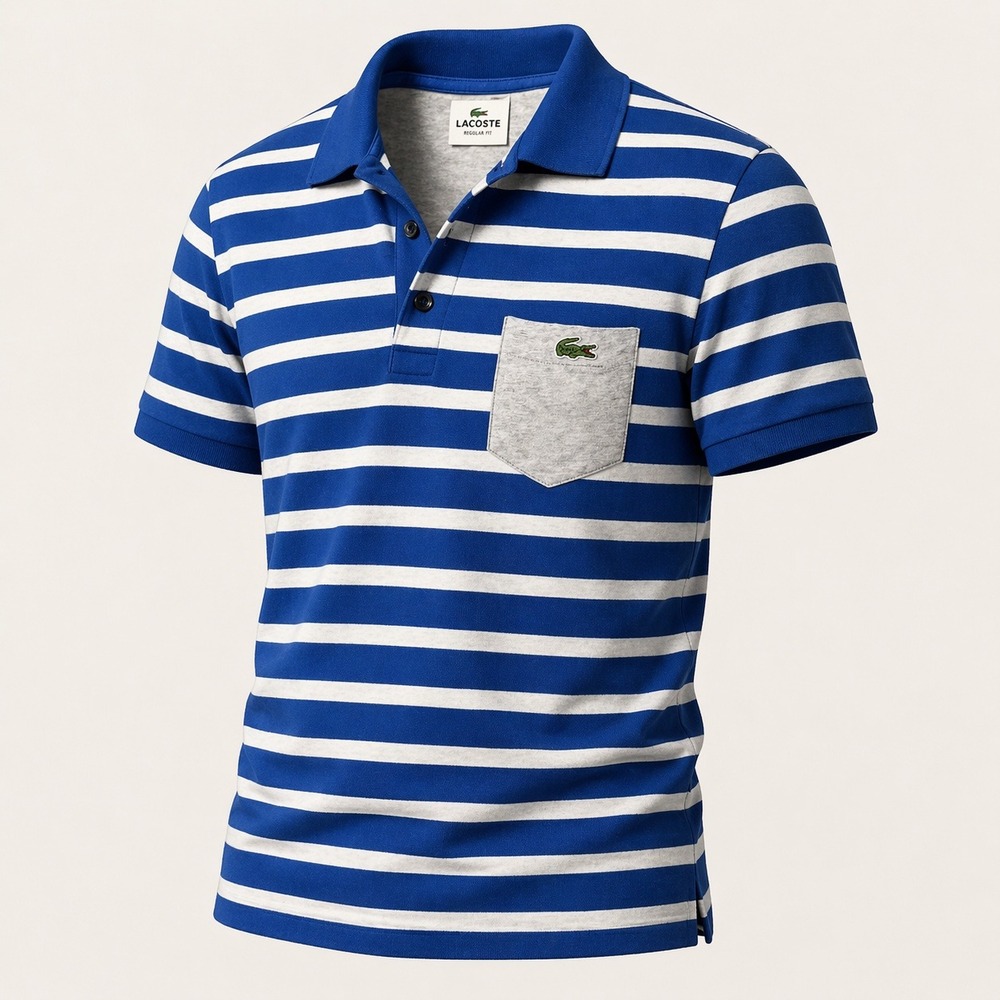 Lacoste Mens Regular Fit Striped Polo Shirt Blue White Grey Pocket Size 7 XL